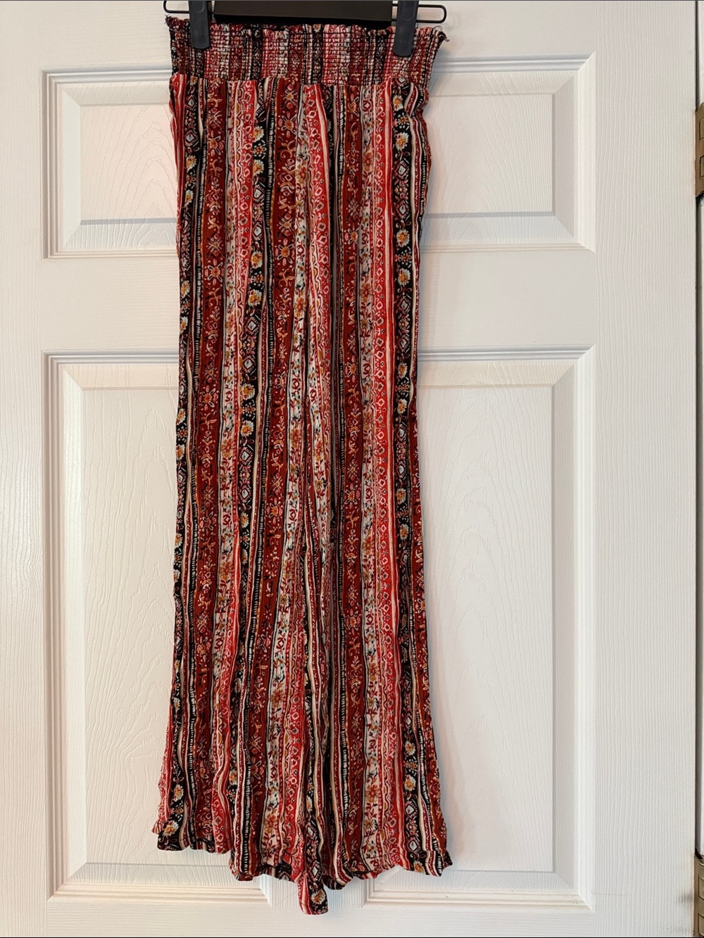Smocked Waist Wide-Leg Pants in Red Stripe Print
